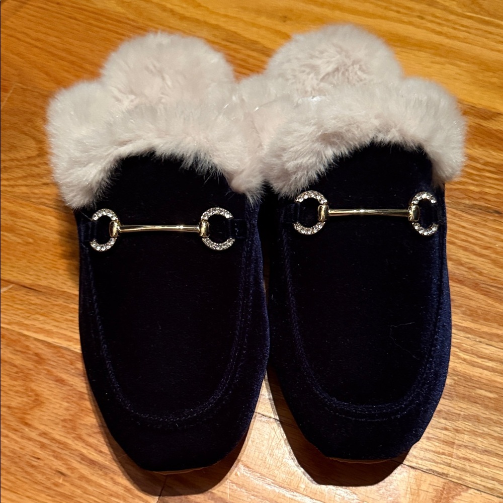 J. Crew Factory Black Velvet Fur-Lined Mules